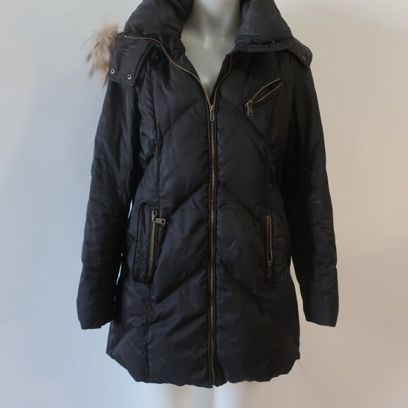 Womens Andrew Marc Black Down Coat W/Raccoon Fur Hood L - Picture 2 of 10